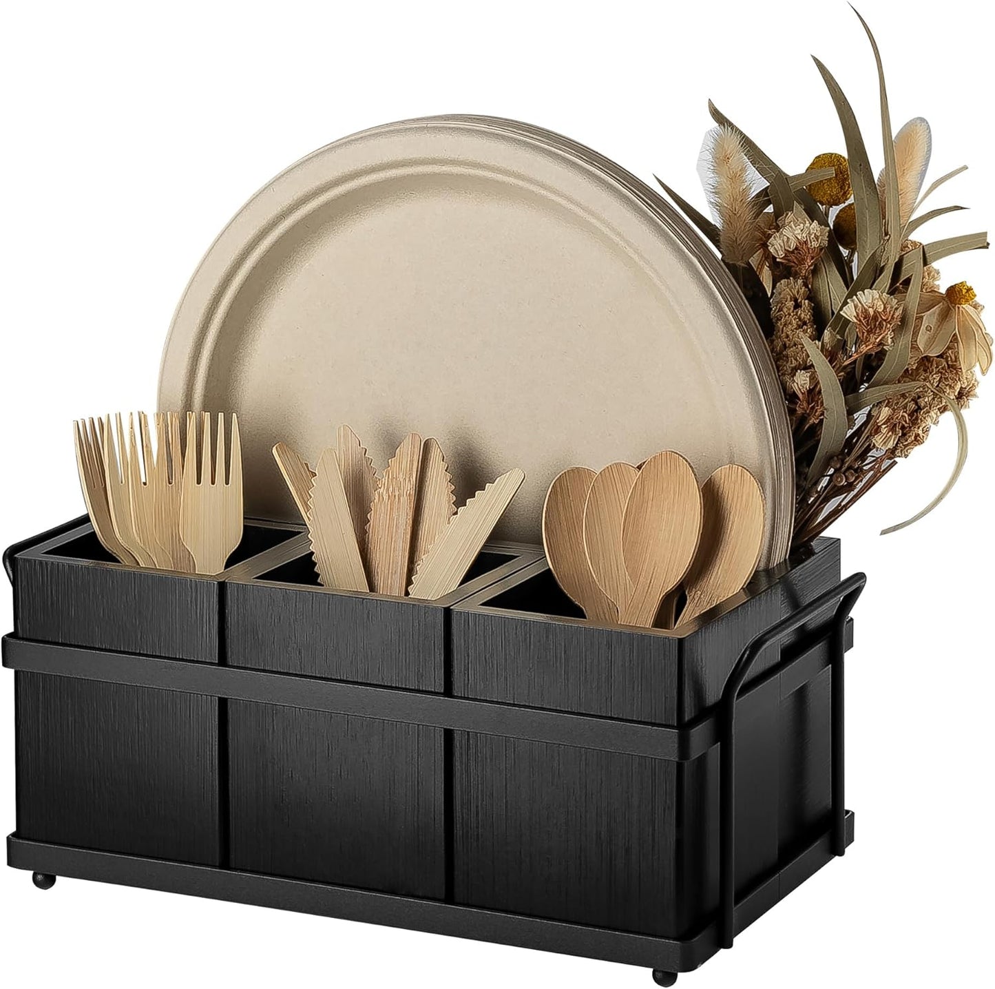 PTSTING Silverware Caddy Wood Utensil Holder Paper Plate Dispenser Silverware Utensil Caddy Cutlery Flatware Organizer Box for Spoons Forks Plates Napkins