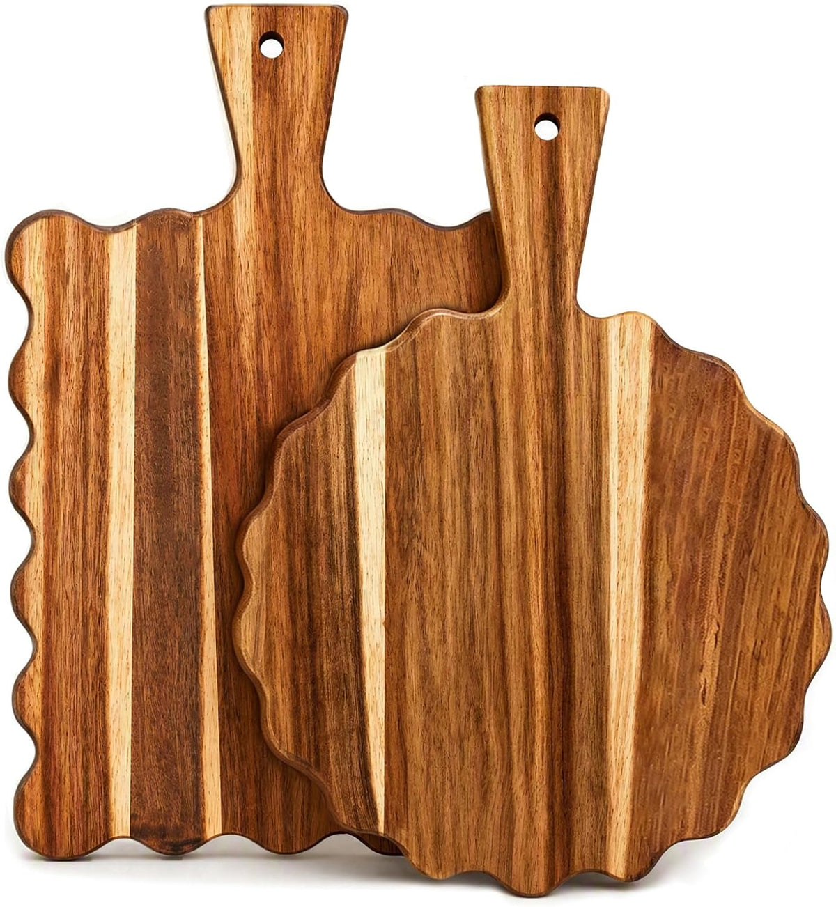 2Pcs Acacia Wood Scalloped Cutting Board with Handle Wooden Chopping Board Decorative Cutting Boards for Kitchen Decor Charcuterie Boards Serving Tray for Cheese Bread Pizza Fruit Meat