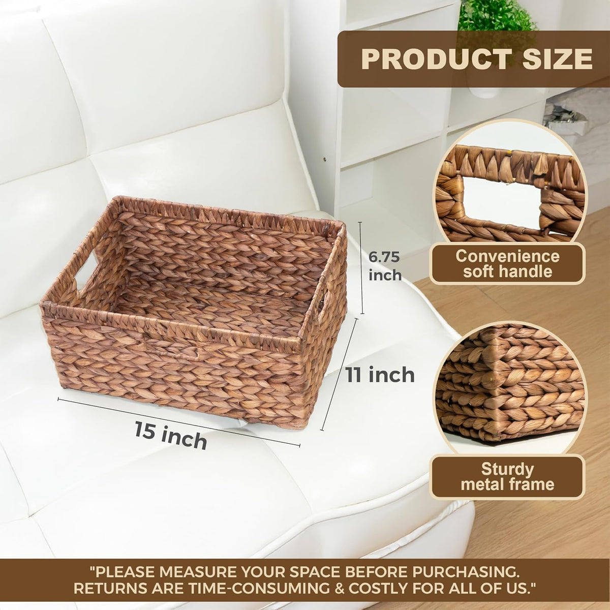 KOKODO Wicker Storage Basket Set of 2, Rectangular Baskets for Shelves with Handles & Chalkboard Labels, Handwoven Water Hyacinth Baskets for Organizing Pantry, Closet & Home.