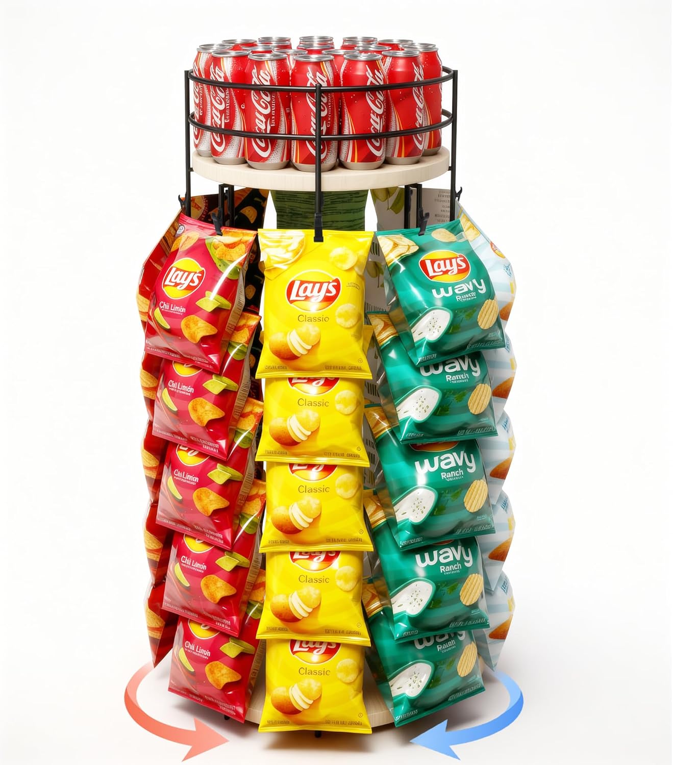 Liaakrr 360° Rotating Snack Display Stand with Secure Top Tier, Holds Drinks & Chips, 5-Tier 40-Clip Countertop Organizer for Party, Kitchen, Store-Beige