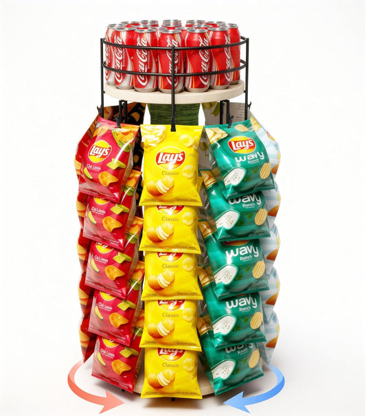 Liaakrr 360° Rotating Snack Display Stand with Secure Top Tier, Holds Drinks & Chips, 5-Tier 40-Clip Countertop Organizer for Party, Kitchen, Store-Beige