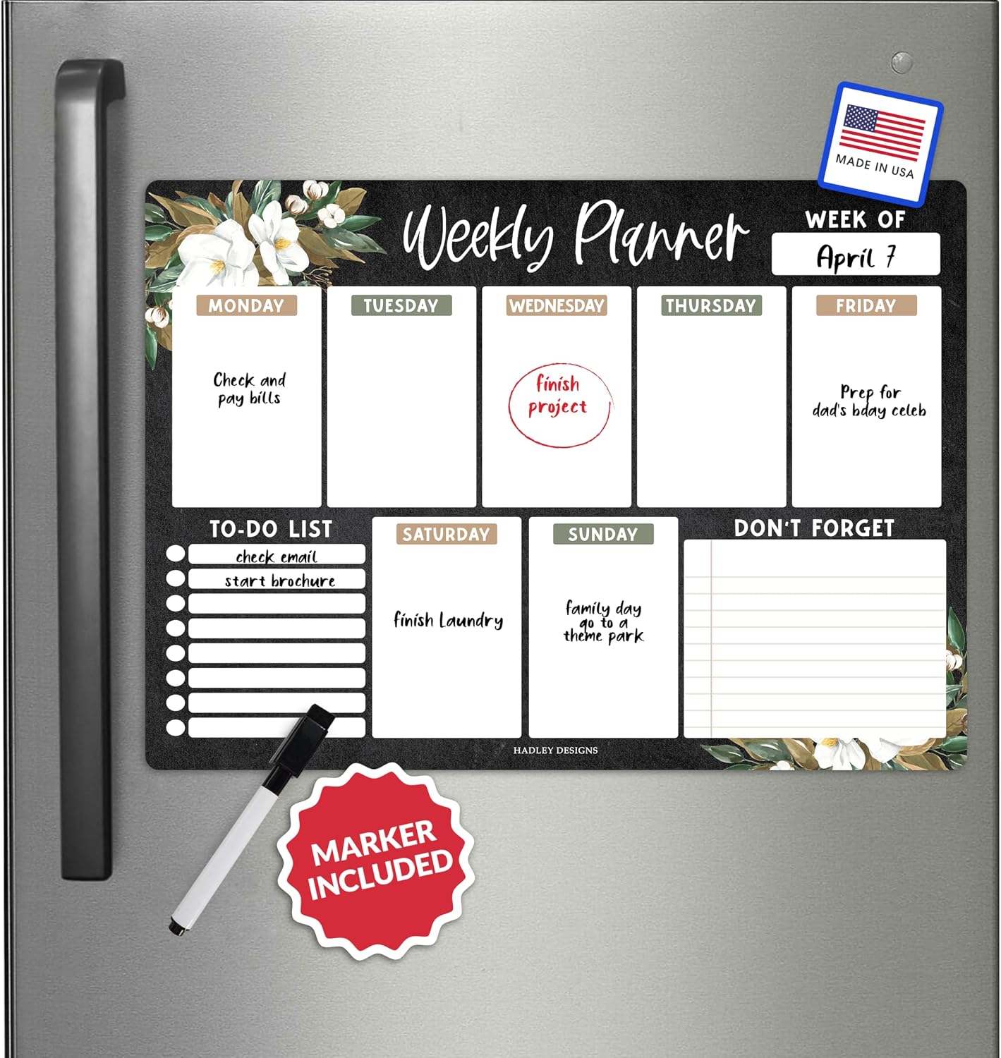 Hadley Designs Weekly Magnetic Calendar for Refrigerator - Dry Erase Board for Fridge, Magnetic Weekly Planner for Kitchen, Reusable Schedule Organizer (Magnolia)