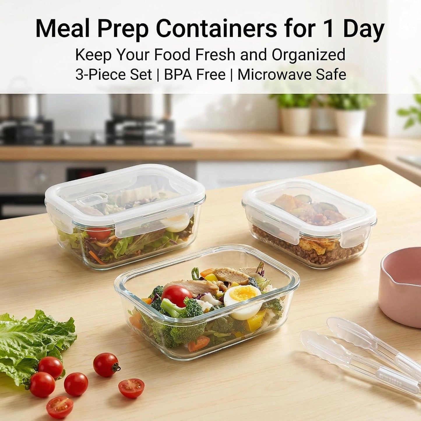 Glass Food Storage Containers with Airtight Lids, 3-Piece Set, Stackable Meal Prep Containers (Transparent White)