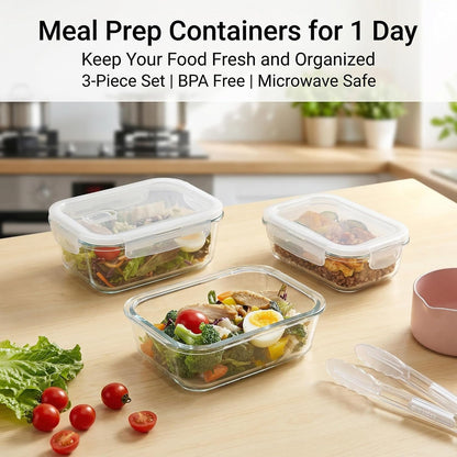 Glass Food Storage Containers with Airtight Lids, 3-Piece Set, Stackable Meal Prep Containers (Transparent White)