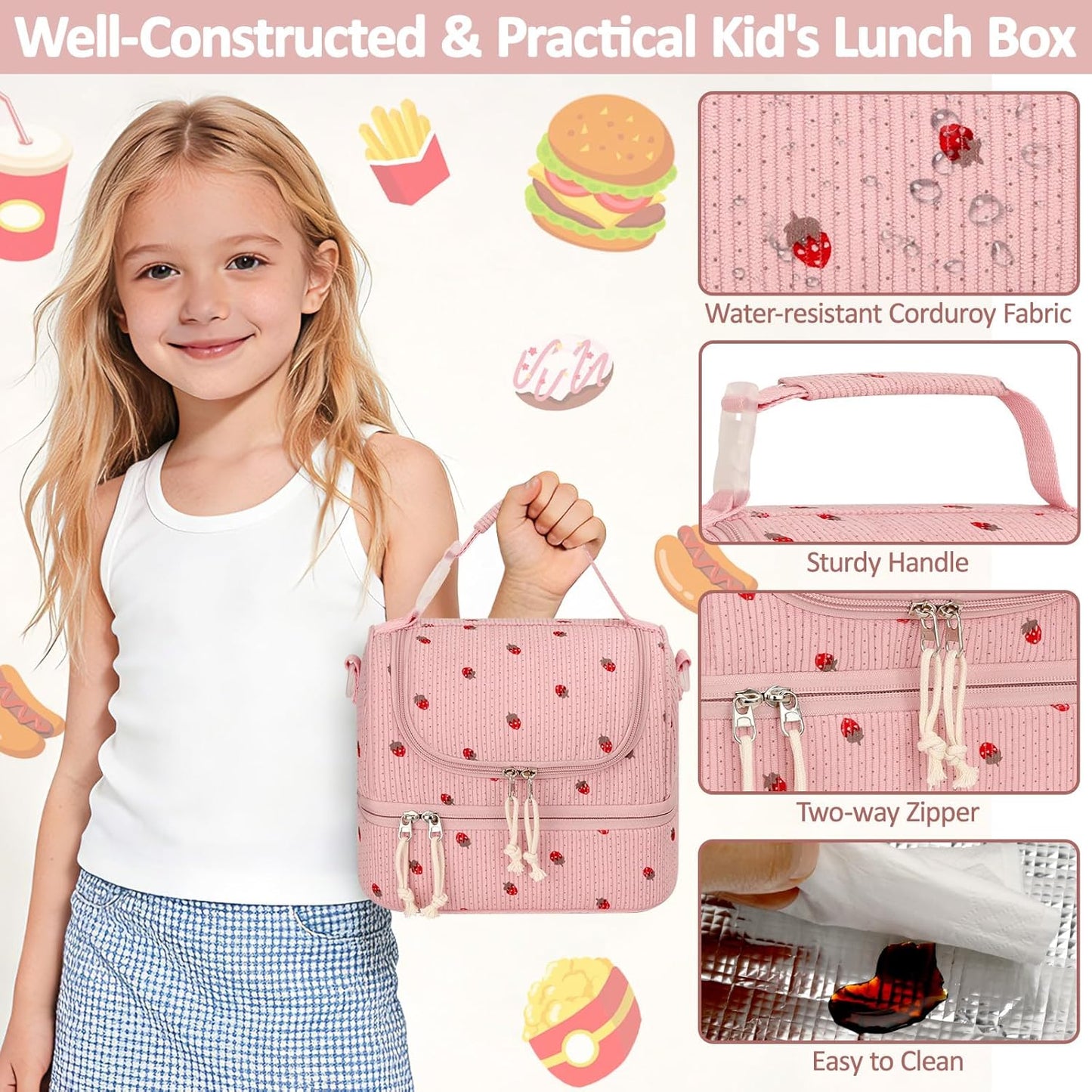 Vankor Corduroy Lunch Box Kids Insulated Lunch Bag Double Decker, Cute Leak-Proof Lunch Box for Boys Girls, Portable Cooler Lunch Bag Thermal Lunch Tote for School Picnic Travel, Light Blue