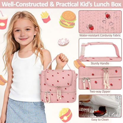 Vankor Corduroy Lunch Box Kids Insulated Lunch Bag Double Decker, Cute Leak-Proof Lunch Box for Boys Girls, Portable Cooler Lunch Bag Thermal Lunch Tote for School Picnic Travel, Light Blue