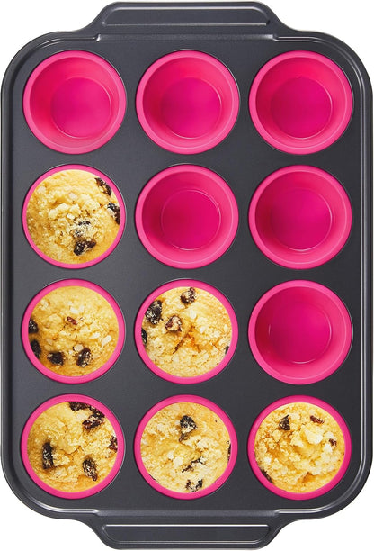 BRONYPRO Silicone Muffin Pans for Baking with Metal Frame, Egg Bite Molds, Cupcake Pans 12 Regular Size, Muffin Tins Easy to Pop Nonstick Non Toxic Bakeware for Oven,Blue