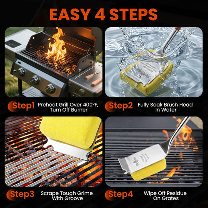 Grill Brush for Outdoor Grill, Bristle Free Grill Brush with Scraper, Safe Steam Grill Cleaner for BBQ &Griddle, Long Rosewood Handle Reaches Corners, for Porcelain, Cast Iron & Stainless Steel Grates