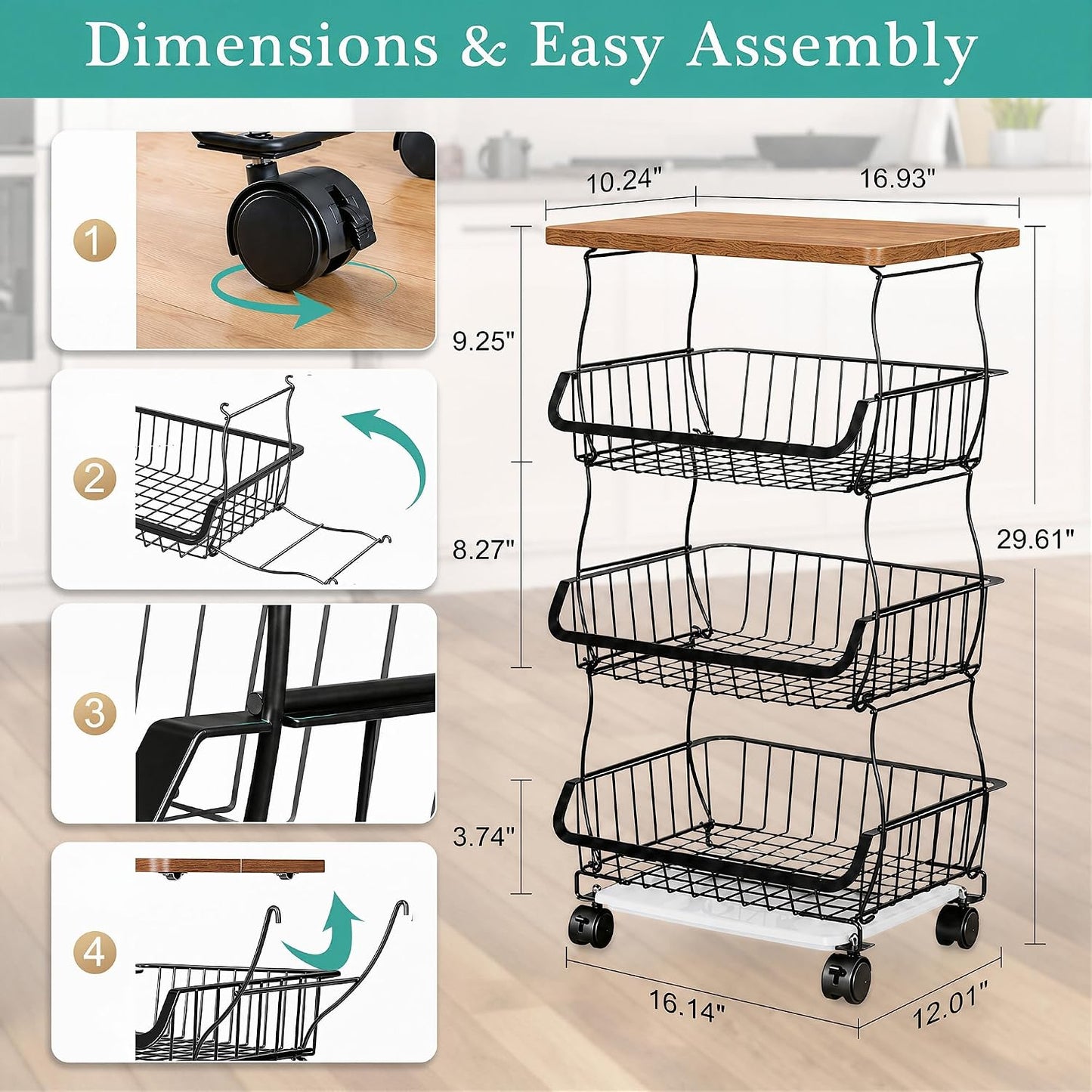 VECELO 4-Tier Fruit Basket with Wheels, Fruit and Vegetable Storage Cart for Kithchen, Stackable Produce Organizer Wire Baskets for Kitchen, Pantry, Living Room