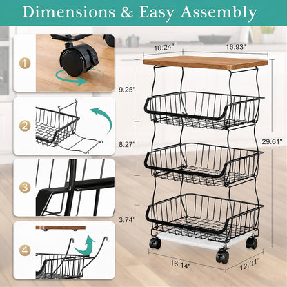 VECELO 4-Tier Fruit Basket with Wheels, Fruit and Vegetable Storage Cart for Kithchen, Stackable Produce Organizer Wire Baskets for Kitchen, Pantry, Living Room