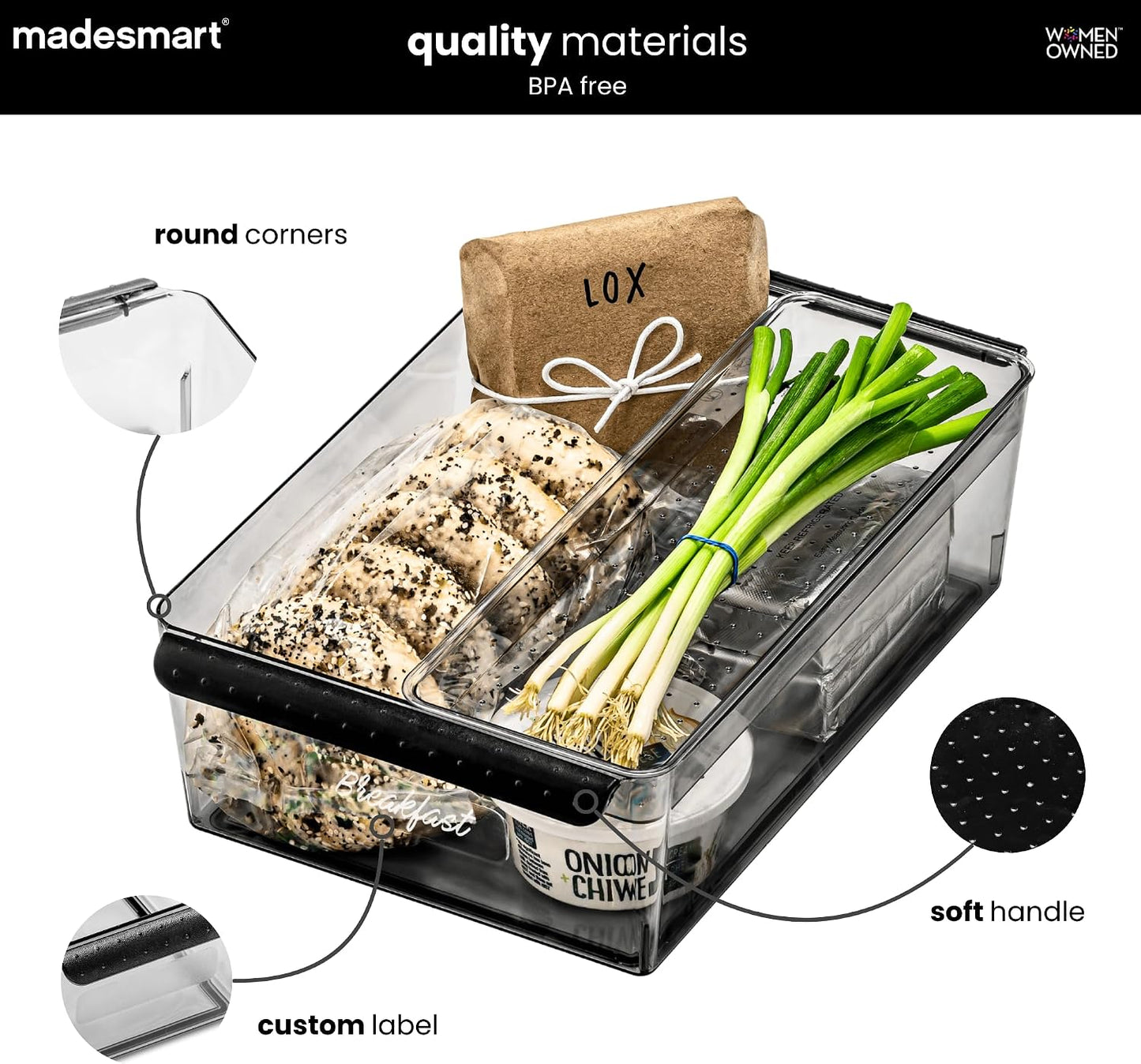 madesmart Fridge Portable Tote, Condiment Caddy with 2 Compartments, Pop-Up Handle & Non-Slip Base, Refrigerator Organizer for Sauces, Jars & Small Items, Clear
