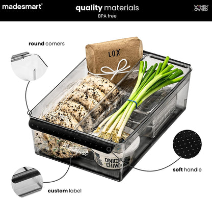 madesmart Fridge Portable Tote, Condiment Caddy with 2 Compartments, Pop-Up Handle & Non-Slip Base, Refrigerator Organizer for Sauces, Jars & Small Items, Clear