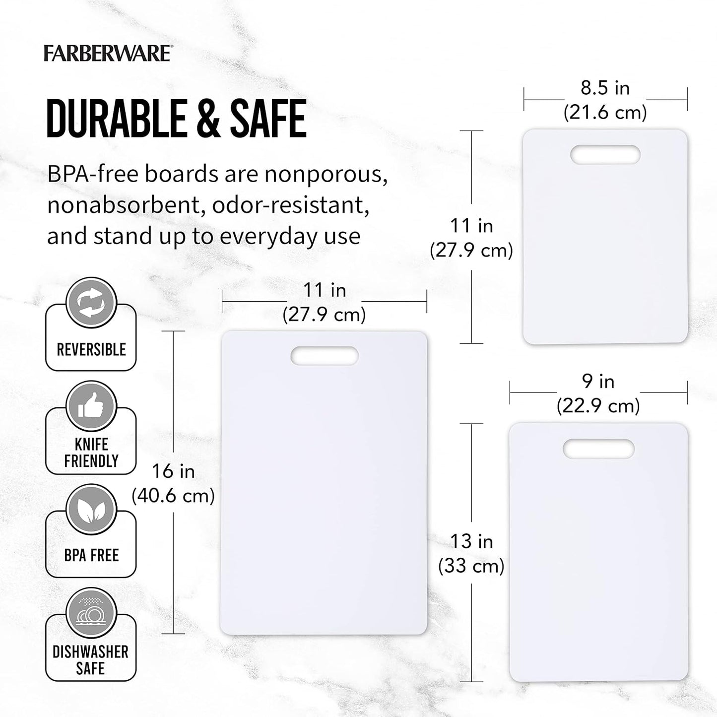 Farberware Cutting Boards for Kitchen, 3-Piece Poly Board Set, Reversible Plastic Cutting Boards, Dishwasher Safe, Odor and Stain Resistant, Gentle on Knives, 8.5x11, 9x13, 11x16 Inch