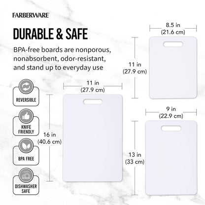 Farberware Cutting Boards for Kitchen, 3-Piece Poly Board Set, Reversible Plastic Cutting Boards, Dishwasher Safe, Odor and Stain Resistant, Gentle on Knives, 8.5x11, 9x13, 11x16 Inch