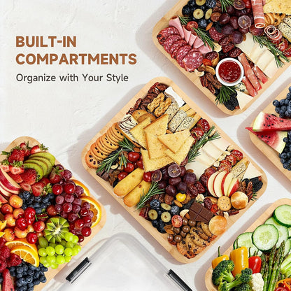 Bamboo Charcuterie Boards with Lid, Travel Portable Cheese Board & Serving Tray with Clear Cover, Charcuterie Boxes for Picnic, Kitchen, Housewarming Gifts for Women & New Home (A-6 Compartment))