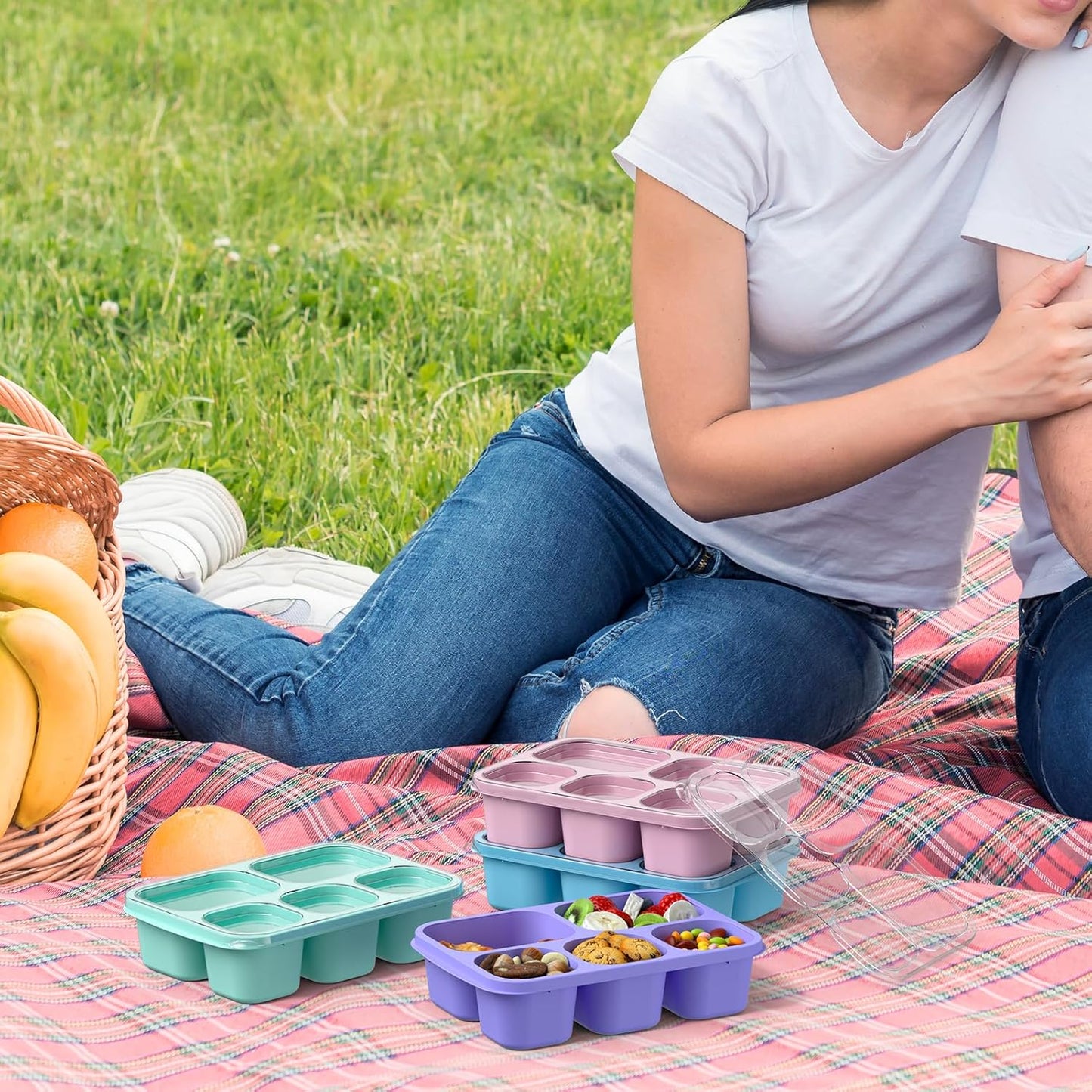 Bento Box Adult Lunch Box - 4 Pack, 5 - Compartment Meal Prep Container for Kids, Reusable Food Storage Snack Containers - Stackable for School, Work, and Travel (Wheat(Green/Blue/Pink/Beige))