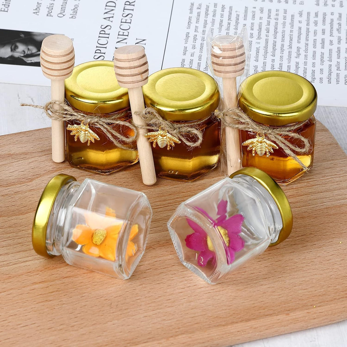 XING-RUIYANG 1.5 oz Hexagon Mini Glass Honey Jars -30Pack Honey Jars with Wood Dipper, Gold Lid, Bee Pendants, Jutes - Perfect for Baby Shower, Wedding Favors, Party Favors