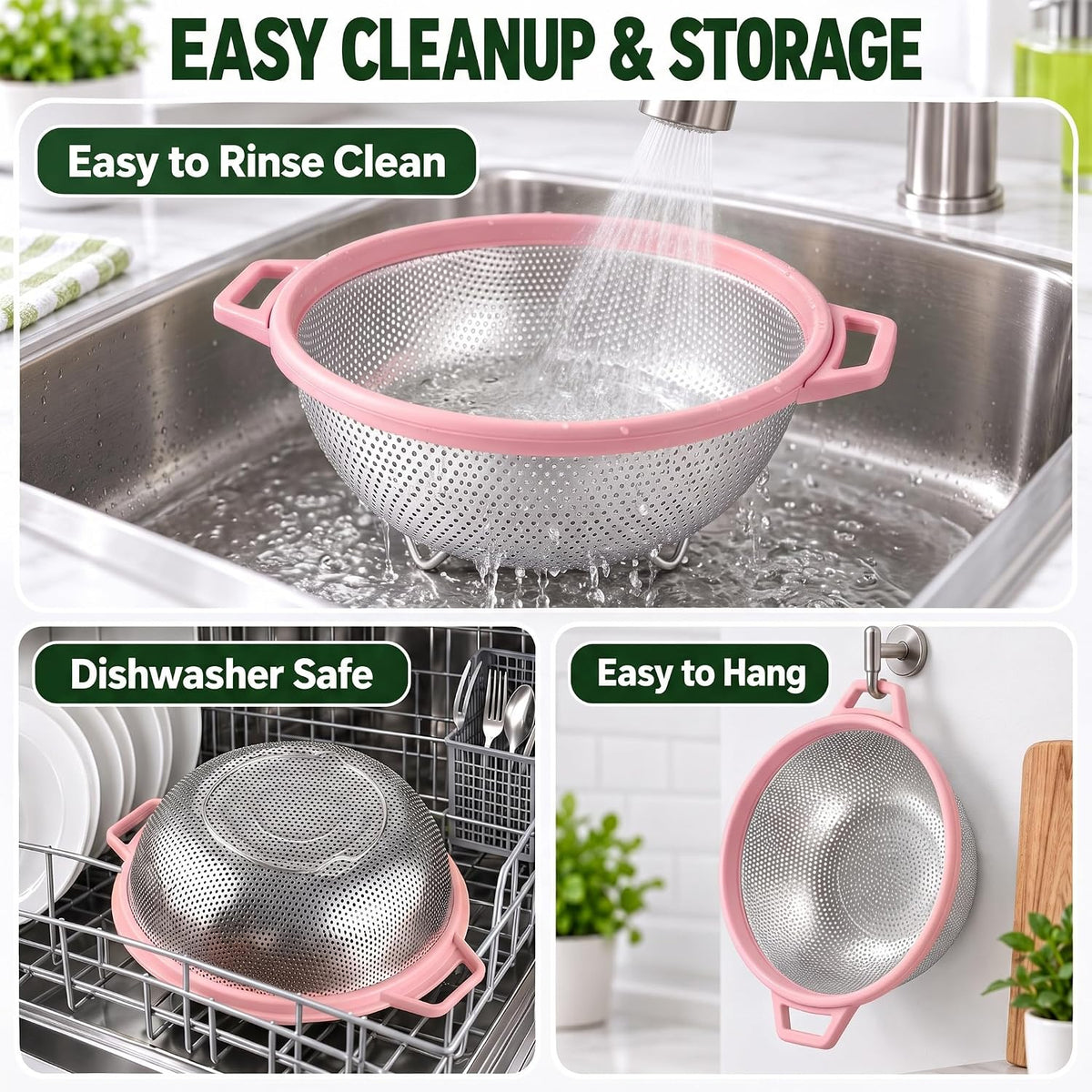 HiramWare Stainless Steel Colander with Handle and Legs, 5 Qt, Green