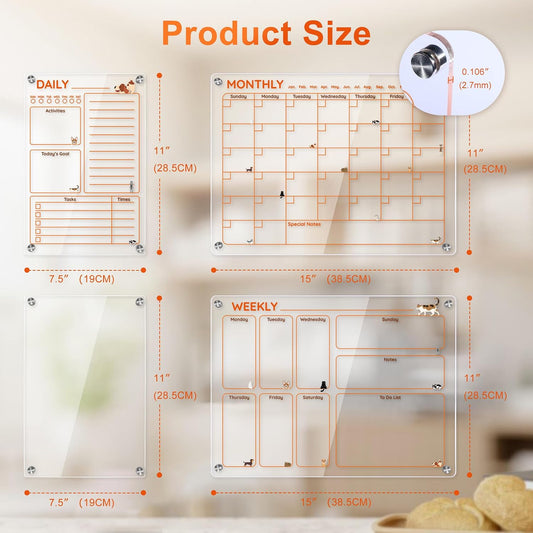 Magnetic Acrylic Clear Fridge Calendar Planner Note Board Set for Fridge,8Colors Markers,Erase Towel (Clear, Monthly & Weekly)