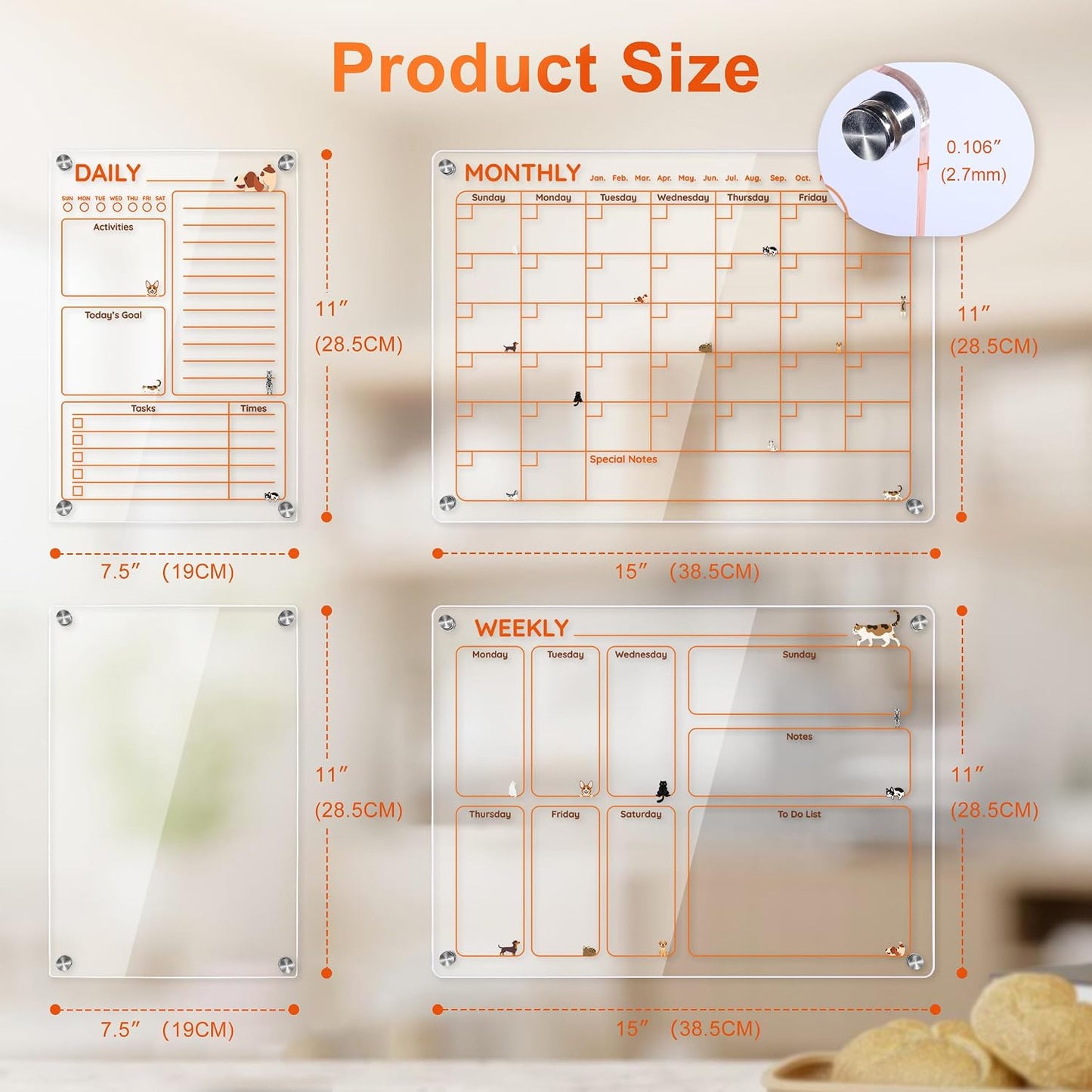 Magnetic Acrylic Clear Fridge Calendar Planner Note Board Set for Fridge,8Colors Markers,Erase Towel (Clear, Monthly & Weekly)
