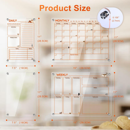 Magnetic Acrylic Clear Fridge Calendar Planner Note Board Set for Fridge,8Colors Markers,Erase Towel (Clear, Monthly & Weekly)
