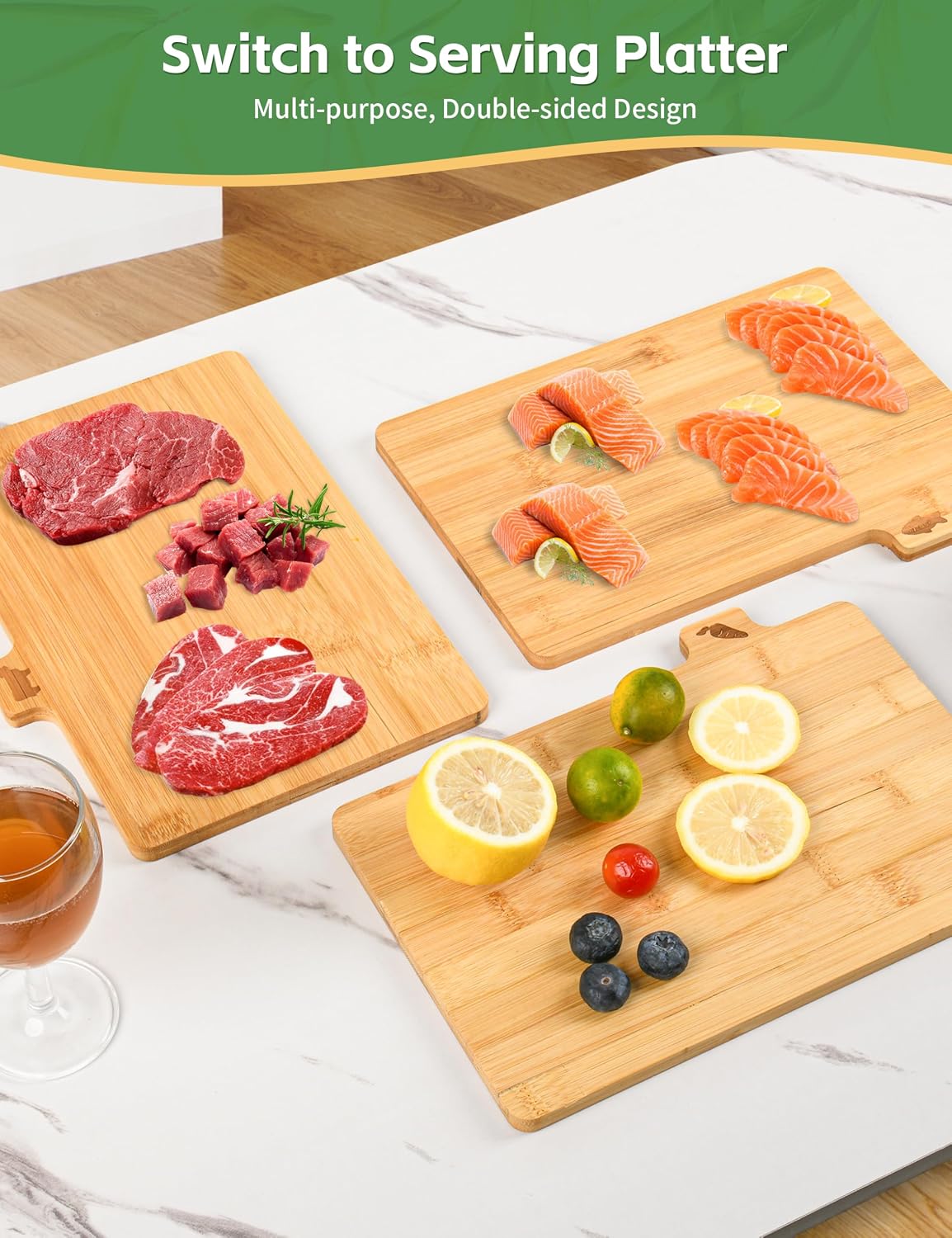 Bamboo Cutting Board Set with Meatal Stand, Lexda 4PCS Eco-Friendly Labeled Tabs Cutting Board, Durable Kitchen Cutting Boards For Chopping Fruit, Meat, Cheese, Veggies - 11" x 8"