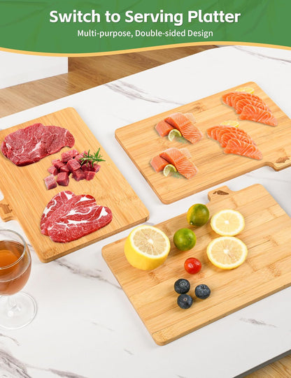 Bamboo Cutting Board Set with Meatal Stand, Lexda 4PCS Eco-Friendly Labeled Tabs Cutting Board, Durable Kitchen Cutting Boards For Chopping Fruit, Meat, Cheese, Veggies - 11" x 8"