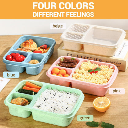 4 Pack Bento Box for Adults, 3-Compartment Wheat Straw Food Storage Containers, Meal Prep Lunch Box Microwave and Dishwasher Safe, Suitable for Office and Outdoor