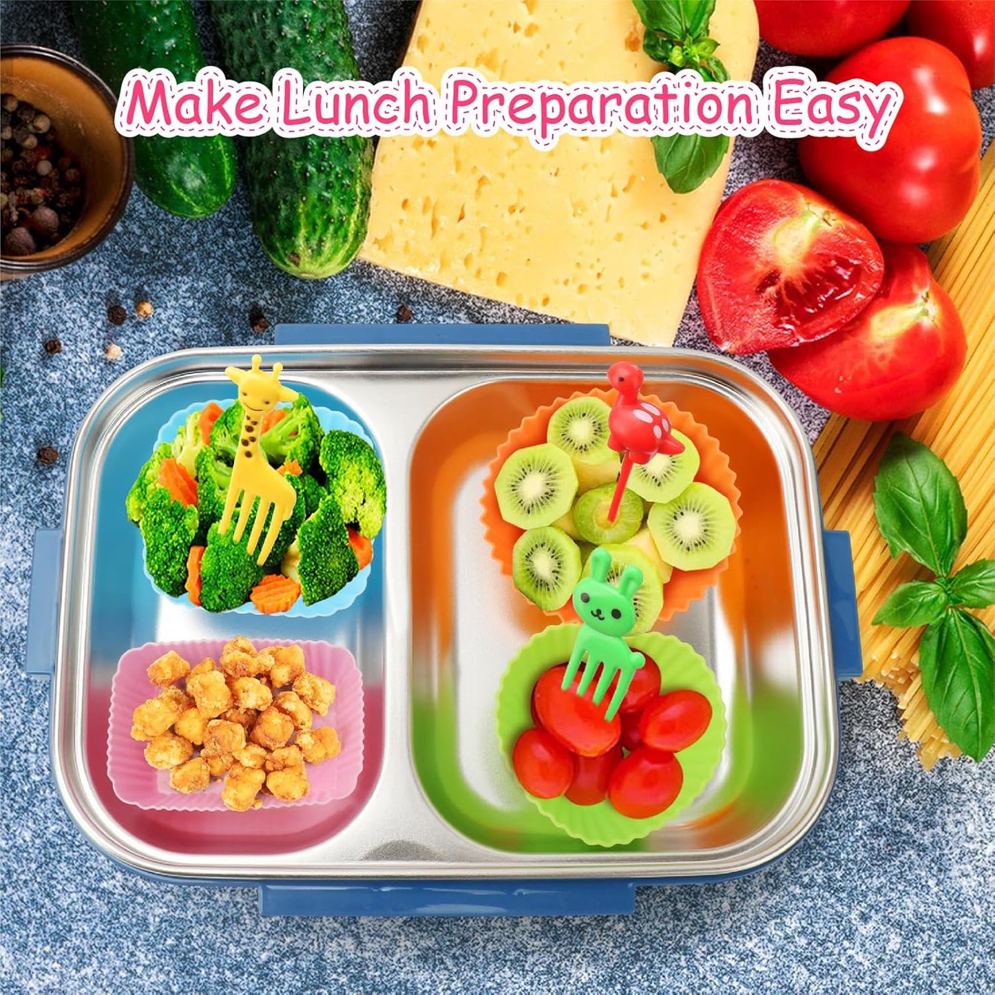 100PCS Silicone Lunch Box Dividers for Kids Lunch Accessories Set, Including 24 Reusable Silicone Cupcake Liners Baking Muffin Cups with 76 Animal Food Picks for Kids, Lunchbox Bento Box Accessories