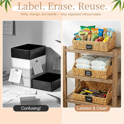 3 Pack Handwoven Water Hyacinth Storage Baskets with Handles & Chalkboard Labels, Wicker Bins for Pantry Kitchen Bathroom