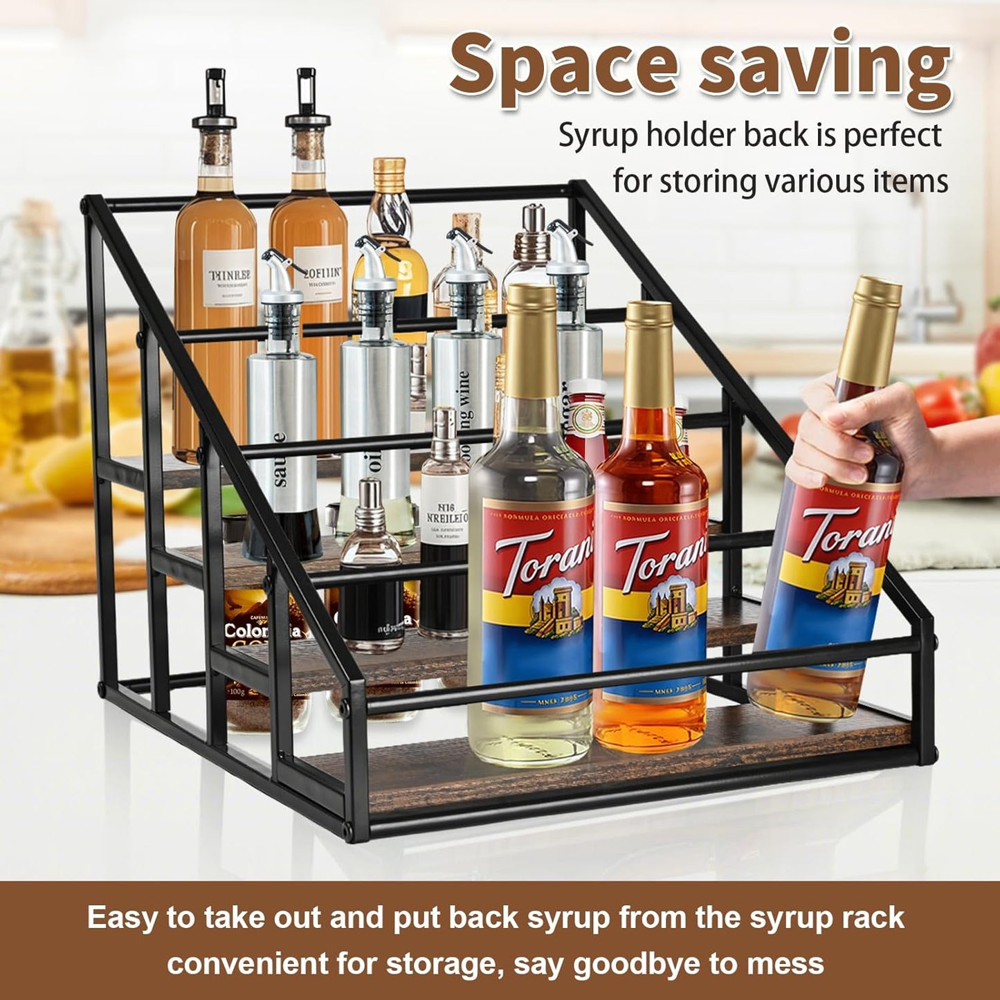 YQBRAO Coffee Syrup Rack Organizer,Liquor Bottle Display Shelf,2-Tier 4 Bottle Stand for Coffee Bar, Kitchen Station, Liquor, Wine, Dressing,Rustic Brown