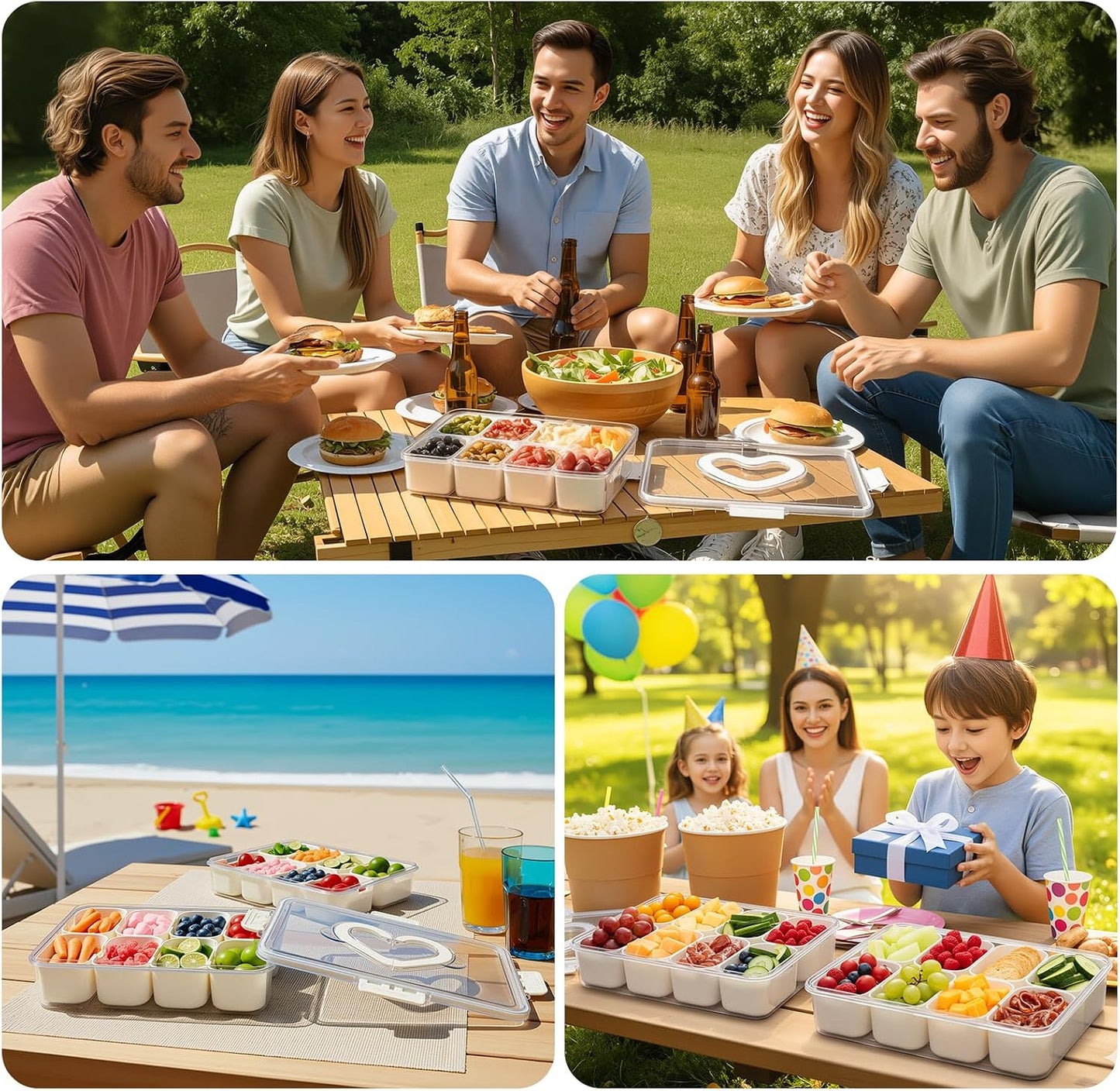 Portable Divided Snackle Box Serving Tray with Lid & Handle | Travel-friendly storage organizer. Multiple compartments for fruits, snacks, and sauces. Secure lid keeps food fresh.