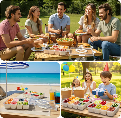 Portable Divided Snackle Box Serving Tray with Lid & Handle | Travel-friendly storage organizer. Multiple compartments for fruits, snacks, and sauces. Secure lid keeps food fresh.