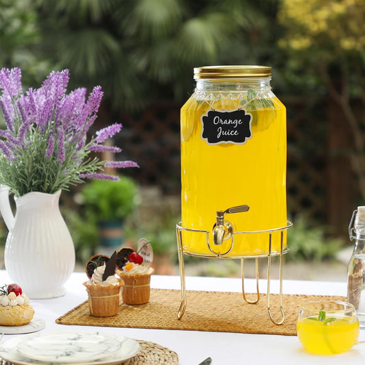 2 Gallon Glass Drink Dispenser with Stand, Stainless Steel Leakproof Spigot and Lid, Glass Drink Dispensers for Parties, Water Beverage Dispenser