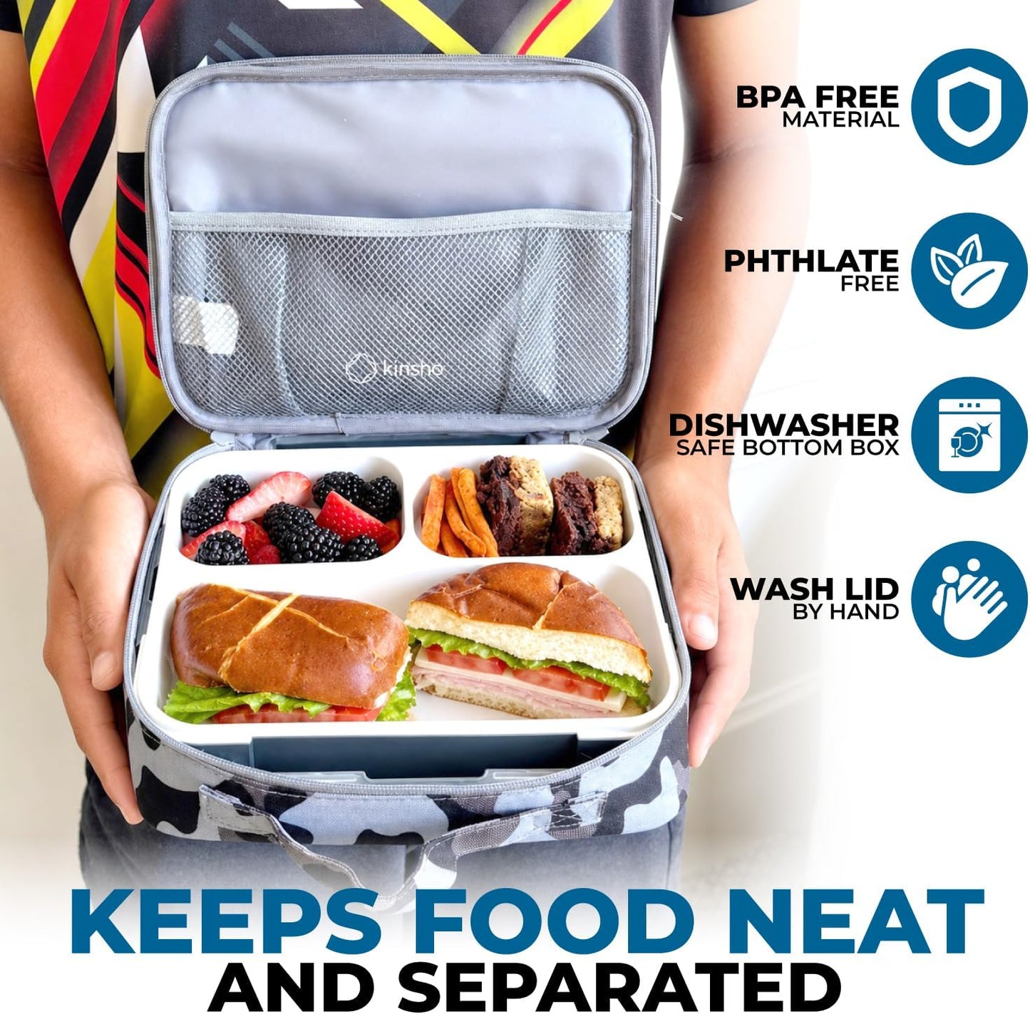 kinsho Lunch Box for Kids Boys Girls - Bento Box Set with Insulated Bag and Ice Pack, 6 Compartment Leak Proof Food Container, BPA-Free, Microwave Safe, Ideal for School & Work, Teal