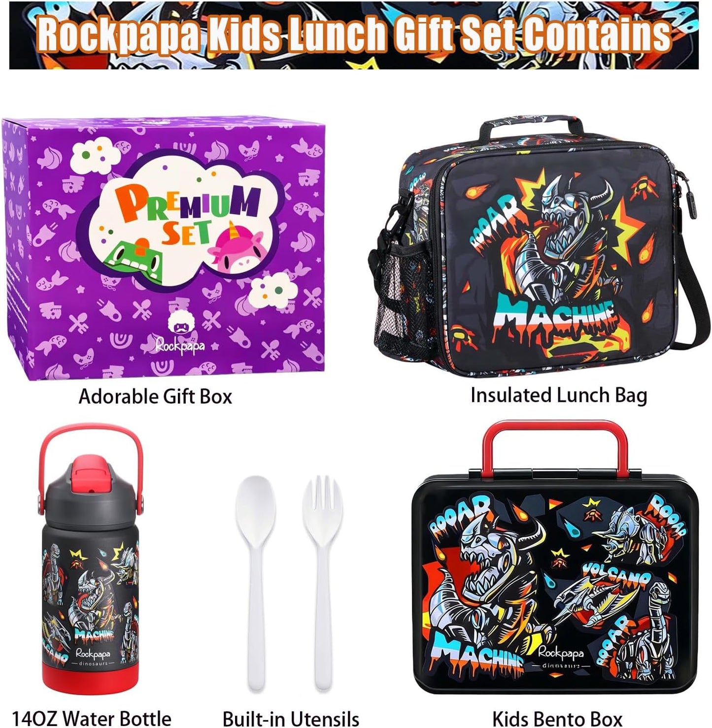 rockpapa Kids Lunch Box Set with 14oz Insulated Water Bottle & Lunch Bag, Leakproof 5.5 Cups Bento Box for School & Children, BPA-Free, Microwave Safe for Boys Girls (Grey Constr Turcks)