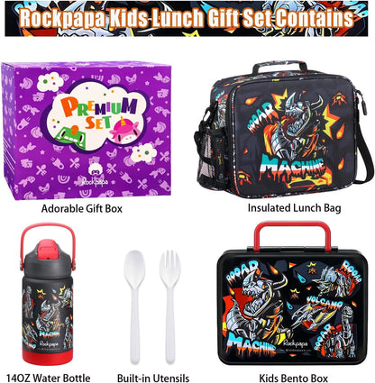 rockpapa Kids Lunch Box Set with 14oz Insulated Water Bottle & Lunch Bag, Leakproof 5.5 Cups Bento Box for School & Children, BPA-Free, Microwave Safe for Boys Girls (Grey Constr Turcks)