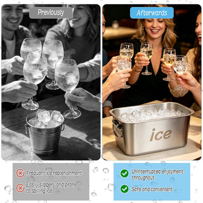 Strainless Steel Beverage Tub, Ice Buckets for Parties with Handle, Beer Ice Bucket Drink Cooler, Metal Wine Beer Champagne Bucket Drink Chiller, Rectangular Ice Storage Tub Ice Cube Bin for Freezer