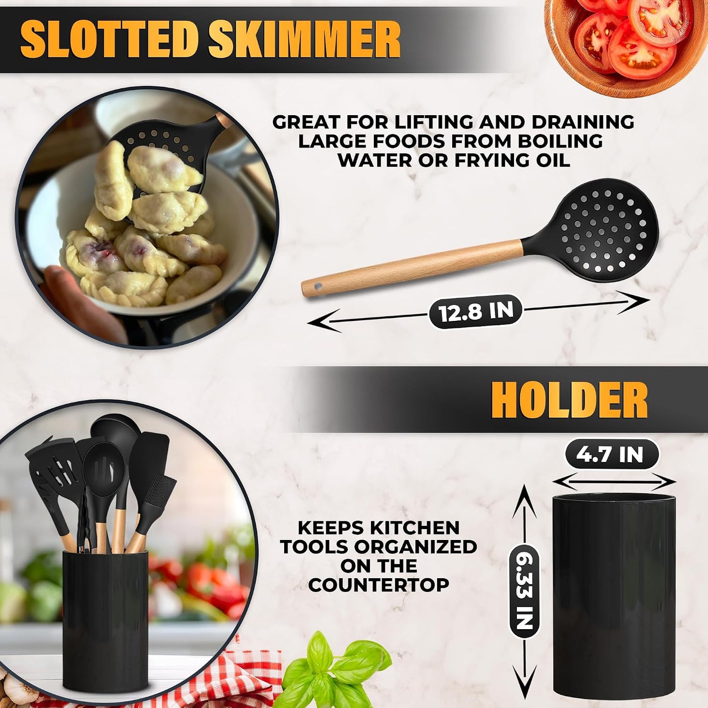 14 PCs Black Silicone Cooking Utensils Set with Holder - Versatile Kitchen Utensils with Sturdy Wooden Handles - Heat Resistance Silicone Kitchen Utensil Set with Holder for All Cooking & Baking Needs