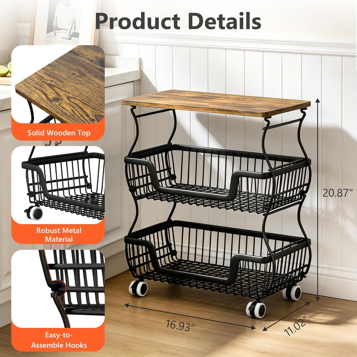 2 Pack 3-Tier Rolling Kitchen Storage Cart Fruit Basket Stand for Vegetables & Snacks Stackable Wire Pantry Floor Organizer with Wheels for Kitchen, Living Room, Bedroom, Office (Black)