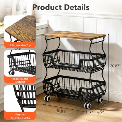 2 Pack 3-Tier Rolling Kitchen Storage Cart Fruit Basket Stand for Vegetables & Snacks Stackable Wire Pantry Floor Organizer with Wheels for Kitchen, Living Room, Bedroom, Office (Black)