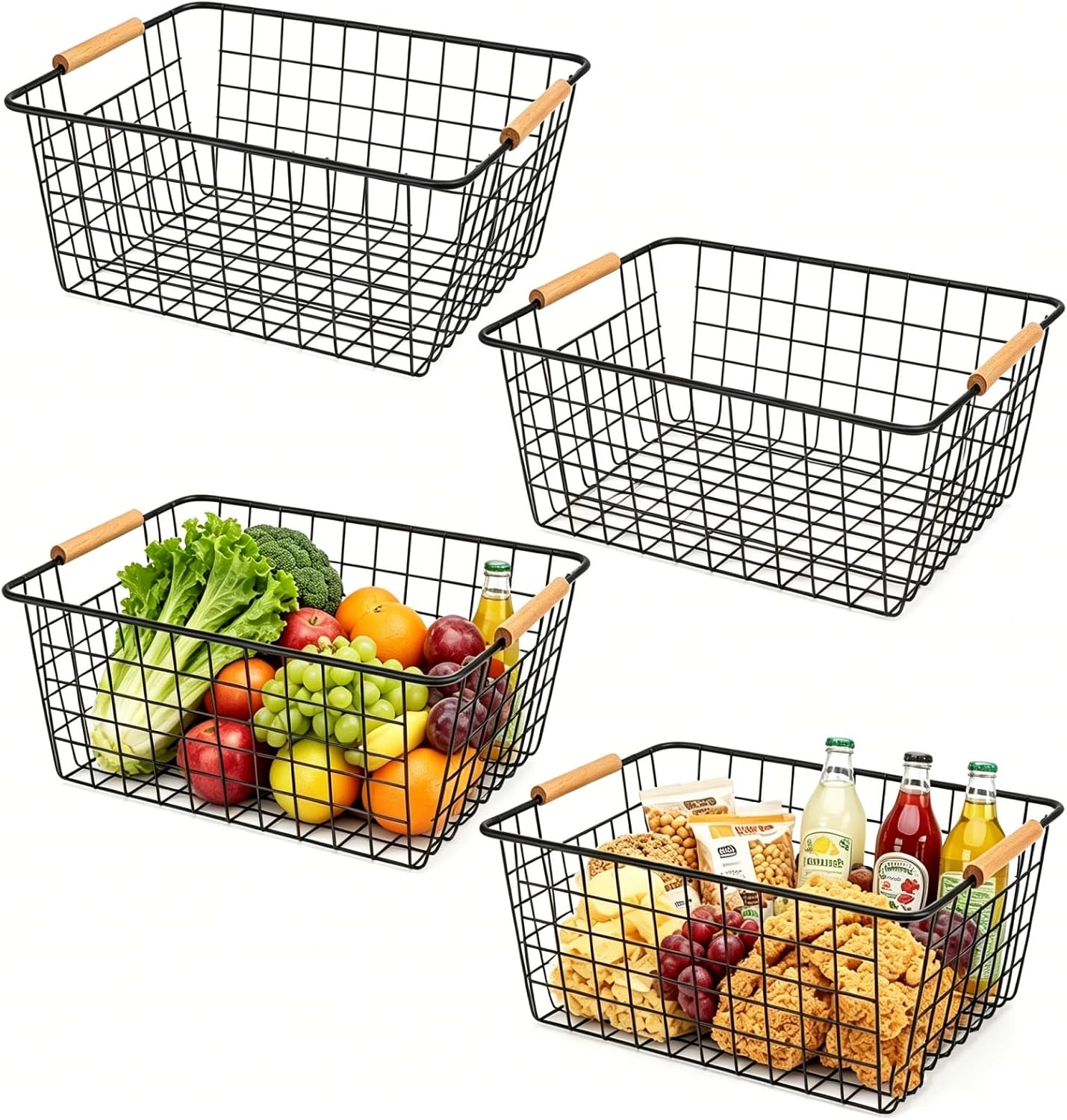4 Pack Black Metal Wire Storage Baskets, Pantry Baskets for Organizing, Wire Food Storage Basket Organizer with Wooden Handles for Kitchen, Pantry, Freezer - 29 x 22 x 12cm