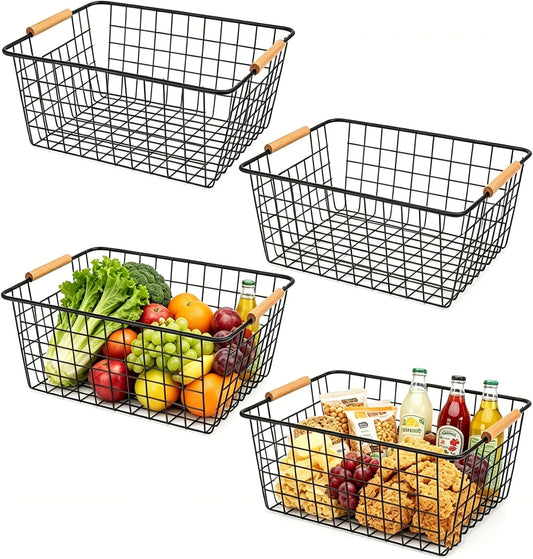 4 Pack Black Metal Wire Storage Baskets, Pantry Baskets for Organizing, Wire Food Storage Basket Organizer with Wooden Handles for Kitchen, Pantry, Freezer - 29 x 22 x 12cm
