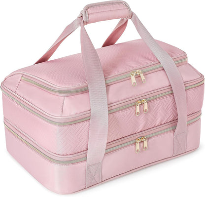 Insulated Casserole Carrier for Hot or Cold Food, Thermal Lasagna Lugger Tote to Keep Food Warm, Double Decker Food Warmer Bag Fits 9”x13” Baking Dish, Pink