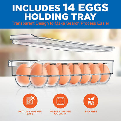 NutriChef Refrigerator Set Organizer Bins - Stackable Clear Plastic Bin with Handles, Egg Tray - For Fridge, Freezer, Kitchen, Cabinet, Countertops, Pantry - BPA Free Food Storage Rack