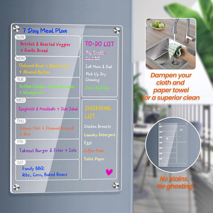 2 Pack Magnetic Meal Planner for Fridge, Acrylic Weekly Planner & Menu Board Set, Clear Fridge Whiteboard Calendar with 8 Markers & 1 Towel, Meal & Grocery Organization for Kitchen