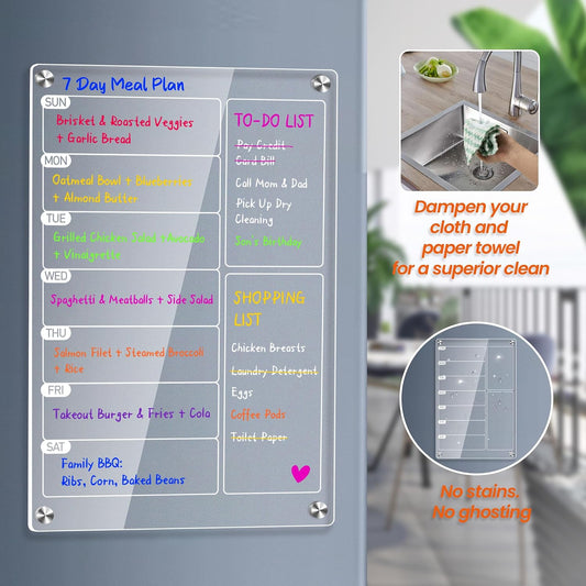 2 Pack Magnetic Meal Planner for Fridge, Acrylic Weekly Planner & Menu Board Set, Clear Fridge Whiteboard Calendar with 8 Markers & 1 Towel, Meal & Grocery Organization for Kitchen
