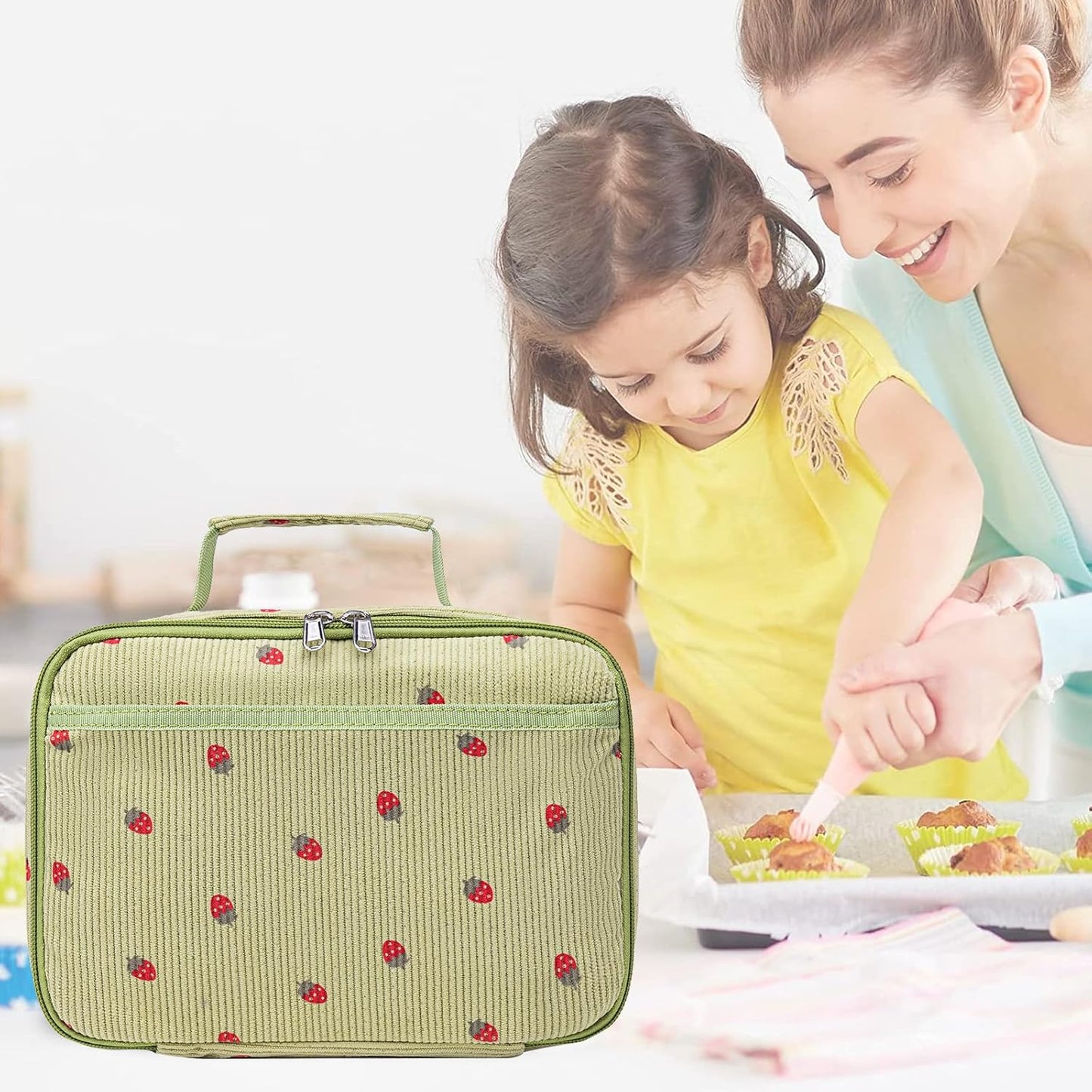 Bluboon Insulated Lunch Bag for Girls & Boys, Corduroy School Lunch Box with Cooler & Organizer Compartments, Leak-Proof Lunch Tote for School, Travel (Corduroy Strawberries Beige)