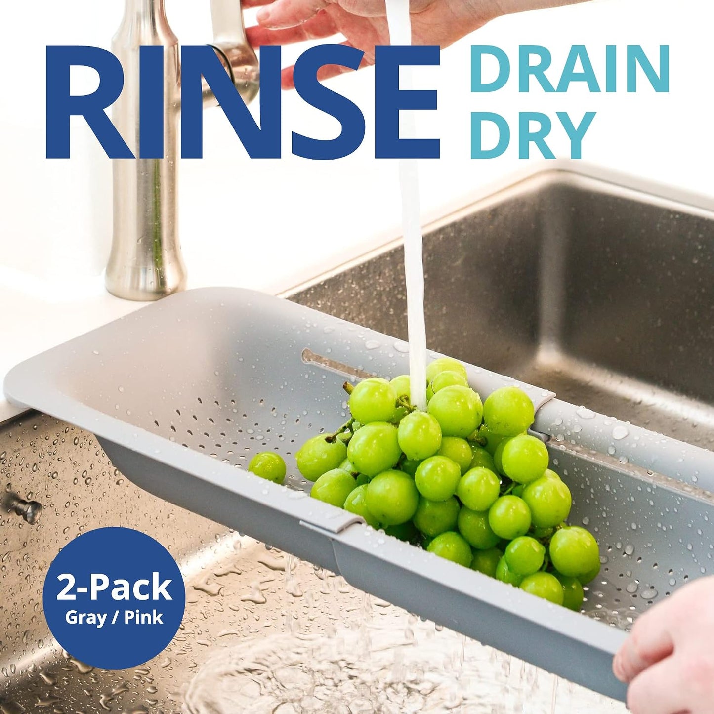 BLUE GINKGO Over the Sink Colander Strainer Basket - Wash Vegetables and Fruits, Drain Cooked Pasta and Dry Dishes - Extendable - New Home Kitchen Essentials (Grey, 1 Pack)