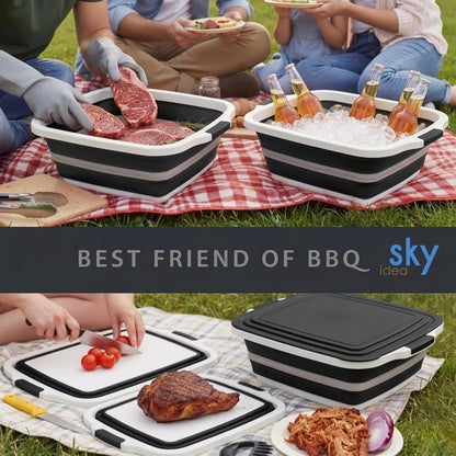 Collapsible BBQ Prep Tub with Lid - XL 4.22 GAL Folding Cutting Board & Food Basin for Outdoor Cooking, Marinating Container, Space Saving Prep Station